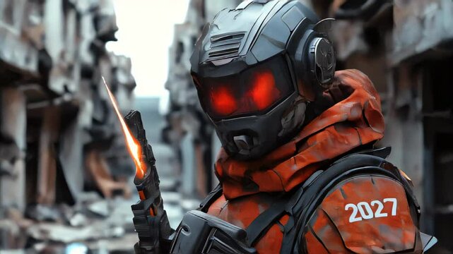 Man in a helmet holding a gun in a dirty city 2027 - Powered by Adobe