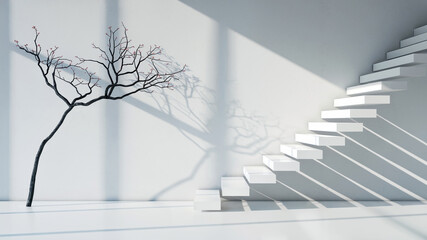 Artistic minimalist concept with a bare tree and modern white staircase with dramatic shadows