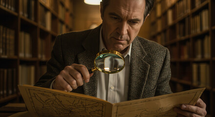 Intrigued by the Details: A scholar, deeply engrossed in the pursuit of knowledge, meticulously examines an ancient map through a magnifying glass.