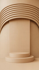 Elegant beige product display stage with architectural arches and minimalist design