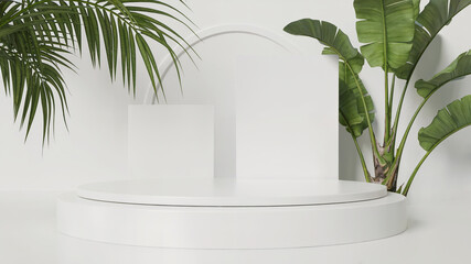 Elegant minimalist white podium display with tropical green foliage for product presentation