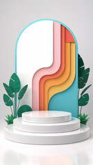 Elegant white pedestal stage with layered colorful arch and tropical leaves design for product presentation