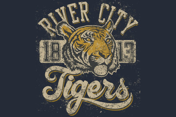 Retro-themed tiger logo design featuring bold typography, tiger illustration, and distressed vintage style. Ideal for branding, merchandise, and apparel embellishment showcasing strength, tradition, a