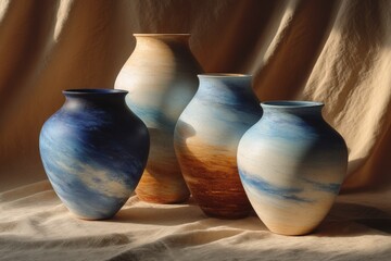 Handcrafted ceramic vases with unique blue and earthy patterns displayed on soft fabric background