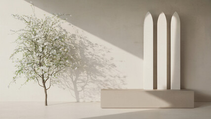 Minimalist modern scene with blooming tree and geometric structure displaying natural light
