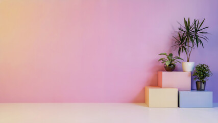 Minimalist plant display on pastel colored blocks with gradient background for design concepts