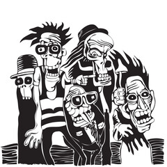 A detailed black and white drawing depicting a group of creatively designed zombie-like characters, each with unique features and artistic aesthetic, showcasing a quirky and abstract illustration styl