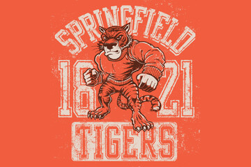 Illustration of a fierce tiger mascot for Springfield Tigers, designed in an athletic theme with bold typography and energetic colors, perfect for team branding, merchandise, or sports memrobilia.
