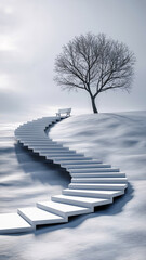 Serene snowy landscape featuring staircase leading to a bare tree and a bench