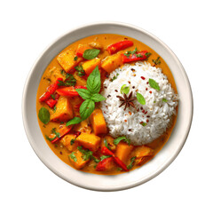Curry, rice, vegetable, spicy, aromatic dish with herbs and star anise, served in bowl