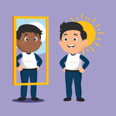 Positive Thinking Day vector illustration featuring a happy brain, positivity orbit, mental growth tree, self-belief, uplifting thoughts, and motivational metaphors in flat solid color style