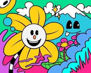 Groovy cartoon doodle full color 