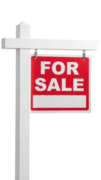For sale sign on white post, indicating property availability. This sign symbolizes real estate opportunities and market activity