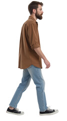 Naklejka premium Man walking in casual outfit featuring brown shirt and light blue jeans, exuding relaxed vibe