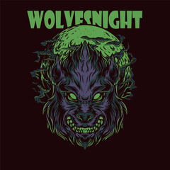 Illustration of a Werewolf with Glowing Eyes Under a Green Full Moon
