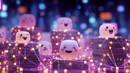 Digital Currency and Blockchain Technology: Cute 3D Characters on Stacks of Money Connected by a Glowing Network - Powered by Adobe