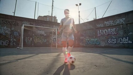 Urban Street Soccer Player Dribbling Ball on Concrete Pitch with Graffiti Wall and Sun Flare on a Bright Day - Powered by Adobe