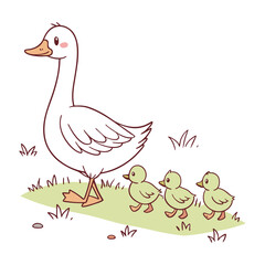 Cute Mother Goose and Ducklings Vector Illustration, Family of Geese Walking on Grass Graphic