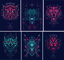 Abstract Geometric Designs Featuring Neon Wolves and Tigers on Dark Backgrounds