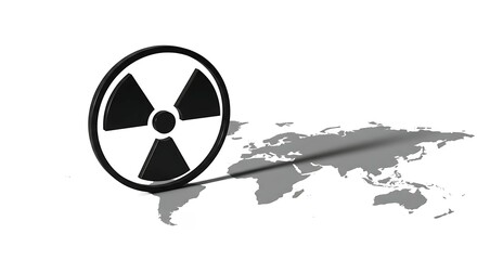Black radiation sign casting a shadow over a world map. Global nuclear threat and environmental hazard concept, for safety campaign
