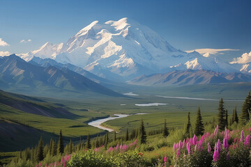 Majestic Mount Mc Kinley Alaska Summer Valley Wildflowers