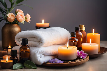Luxury Spa Setup White Towels Candles Essential Oils Flowers