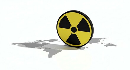Minimalist radiation symbol casting a world map shadow on clean background, abstract metaphor of global nuclear threat and environmental danger, conceptual illustration for awareness and design