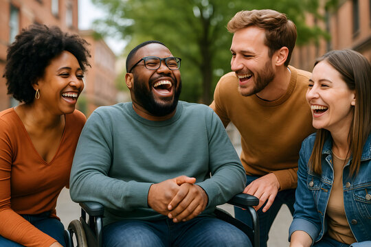 Group of friends laughing together outdoors with positive energy