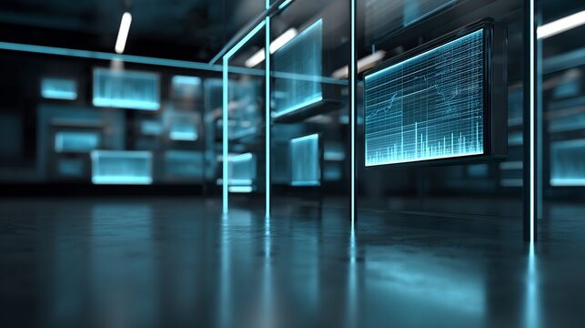 Business background inside cyber workspace with neon lights transparent LED panels multiple monitors and digital graphs floating in background futuristic and no people