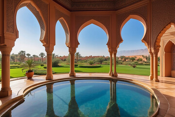 Marrakech Palace Pool Teal Water Archway View Morocco