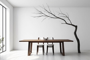 Minimalist White Room Dark Wood Dining Table Two Chairs Bare Branch