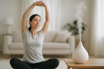 Tranquil woman practicing yoga with aromatherapy diffuser in cozy living room