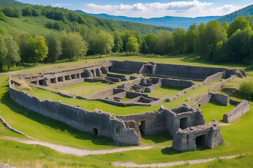 Scenic aerial view of the ancient roman ruins in a green and vibrant landscape.