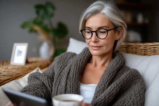 Relaxed mature woman reading on tablet with coffee in cozy living room