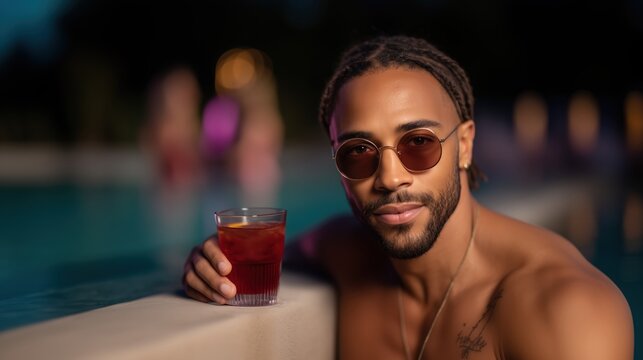 Smiling young man with drink relaxing poolside at nighttime party