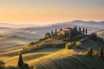 Scenic tuscan landscape featuring a villa atop a rolling hillside at sunset