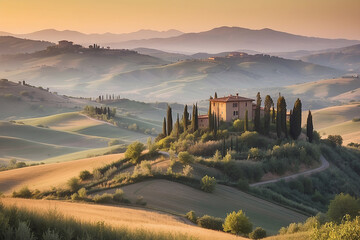 Scenic tuscan landscape with a beautiful villa, rolling hills, and cypress trees in warm sunlight