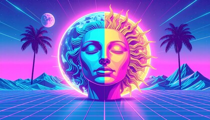 Moon and Sun, Surreal digital art featuring a stylized sun face against a vibrant backdrop of mountains and palm trees.