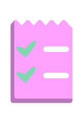 Pink notepad with green checkmarks, signifying completion or a to-do list.
 Icon depicts a completed task list on a pink, serrated-edge paper.
