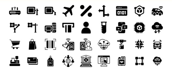Black Glyph Icon Set Technology Commerce Transportation
