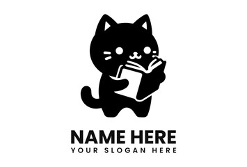 A charming black cat character happily reading a book, with text below.
