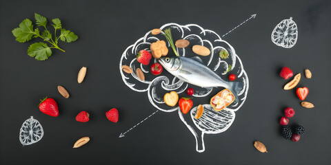 Chalk-drawn image of a brain filled with various foods for brain health and good memory, including fresh fish