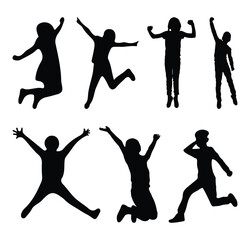 Children playing silhouette. Kids doing outdoor activities, Kids jumping silhouette. Vector illustration