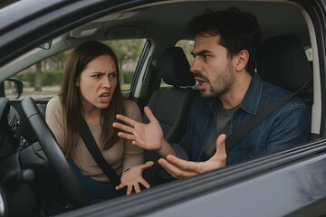 Angry couple having an argument inside a car