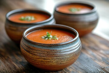 Three rustic bowls of vibrant tomato soup, garnished with fresh herbs, sit on a wooden table.
