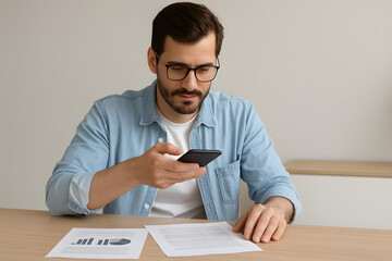 Young man analyzing documents while using a smartphone in a modern workspace
