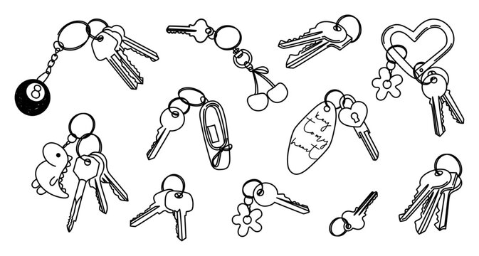 Set of keys with different keychains.