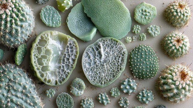 Sonoran cactus skin textures arranged in flat lay composition displaying diverse desert succulent surfaces from smooth to spiny with natural lighting - Powered by Adobe