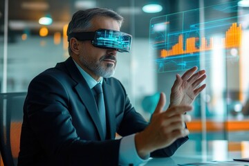 Businessman wearing VR headset analyzes financial data projected in augmented reality.