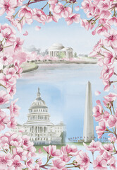 National Cherry Blossom Festival in Washington D.C. Postcard with cherry blossoms and landmarks of the US capital. Watercolor illustration. Sketch. Hand drawing.